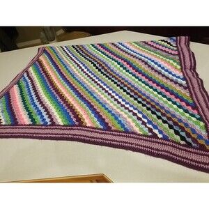 Vintage Crocheted Afghan Blanket Throw Multicolor Rainbow Striped 46" x 96"